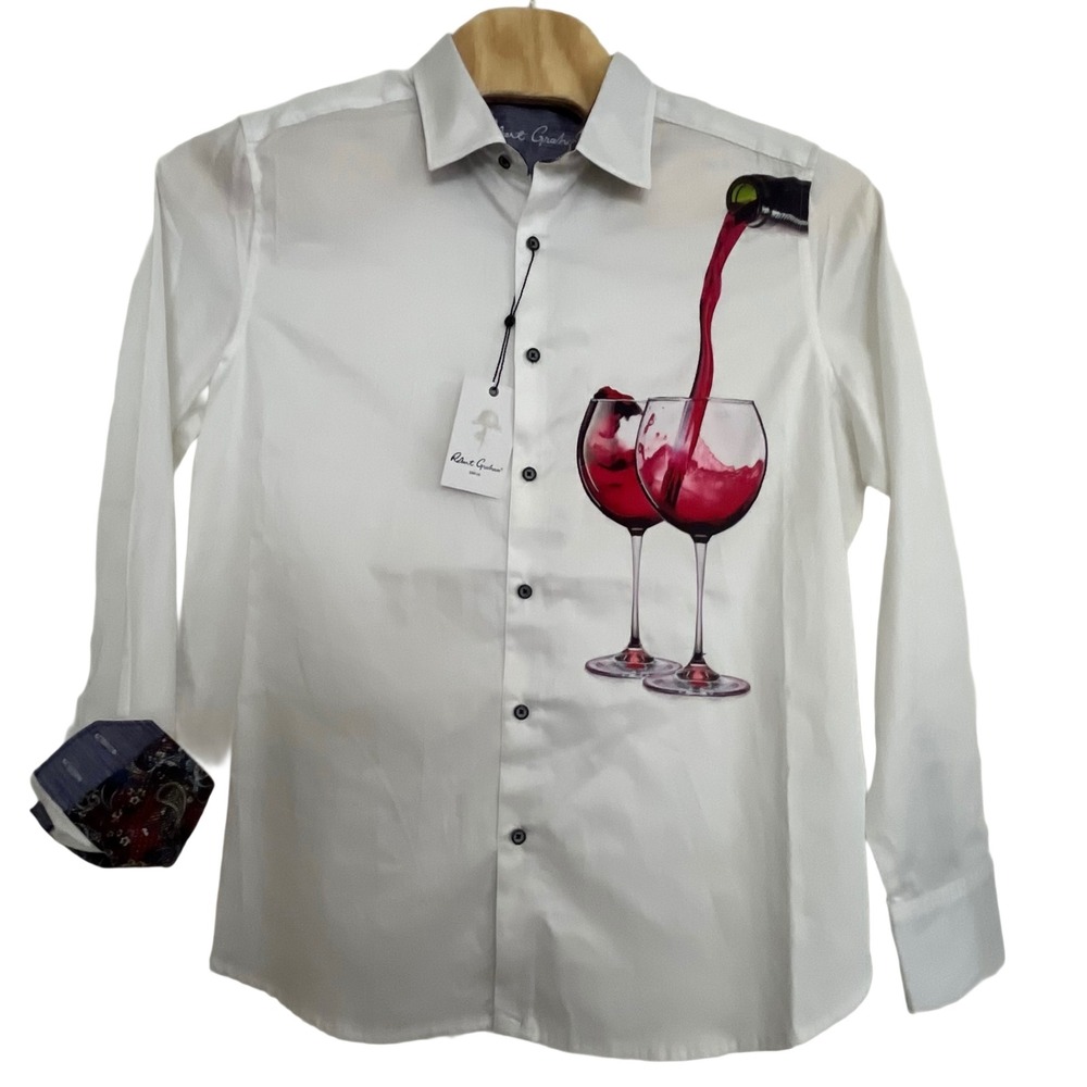 Robert Graham Date Night Shirt XL White Wine Print NEW Classic Fit Long Sleeve